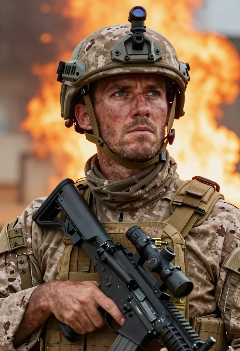 Photorealistic Close-up Portrait Rugged Male Soldier Full Combat Gear Subject reference photo