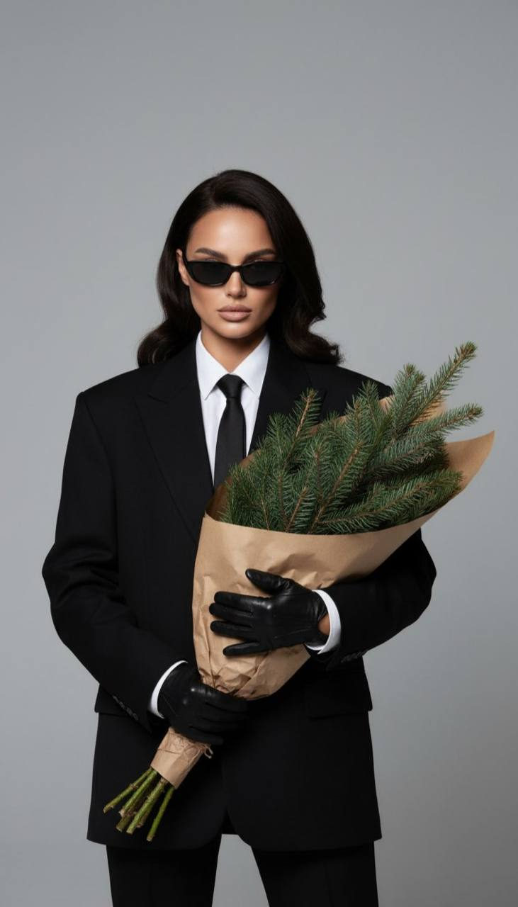 A confident woman in a luxurious oversized blazer and black sunglasses, holding a bouquet of coniferous branches against a minimalist gray background.