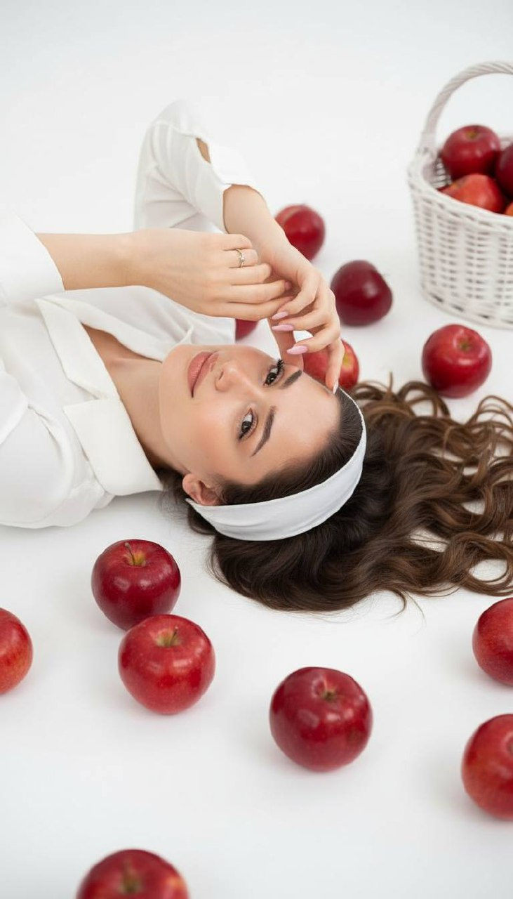 A high-angle portrait of a woman lying on a pristine surface, surrounded by vibrant red apples, with gentle expression and hands framing her face.