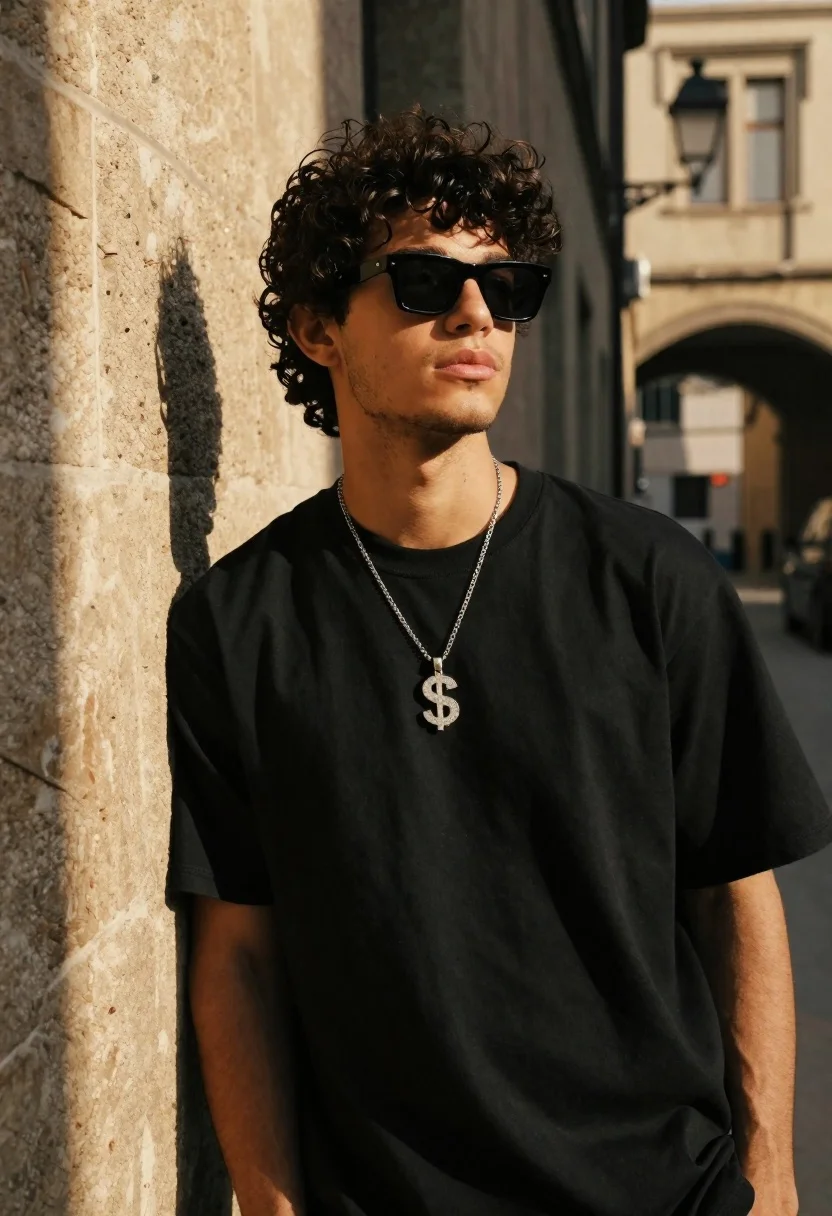 Young Man With Dark Curly Hair Stands Narrow Sunlit Alleyway