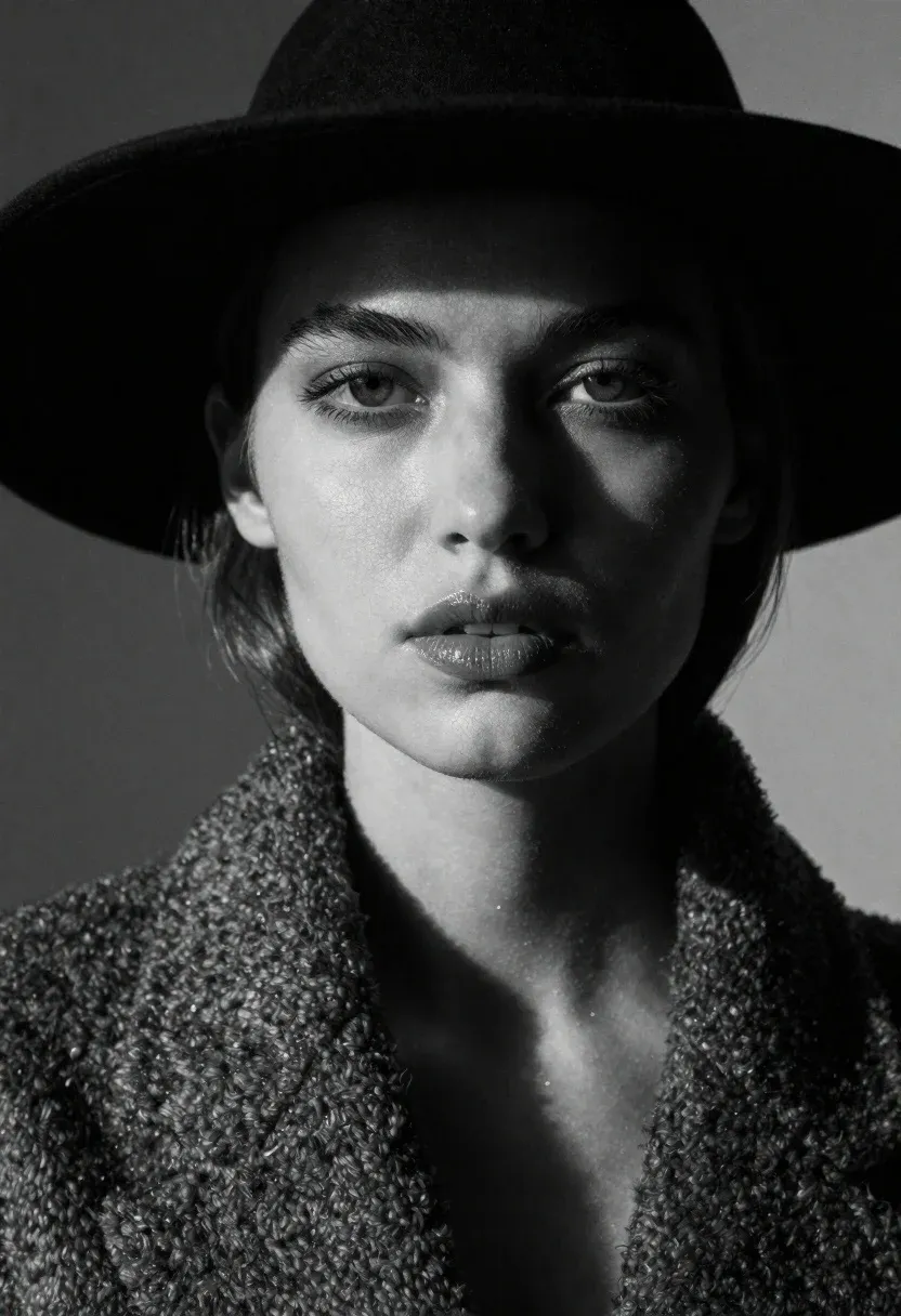 Moody Black-and-white Fashion Portrait Woman With Striking Dark Eyes And