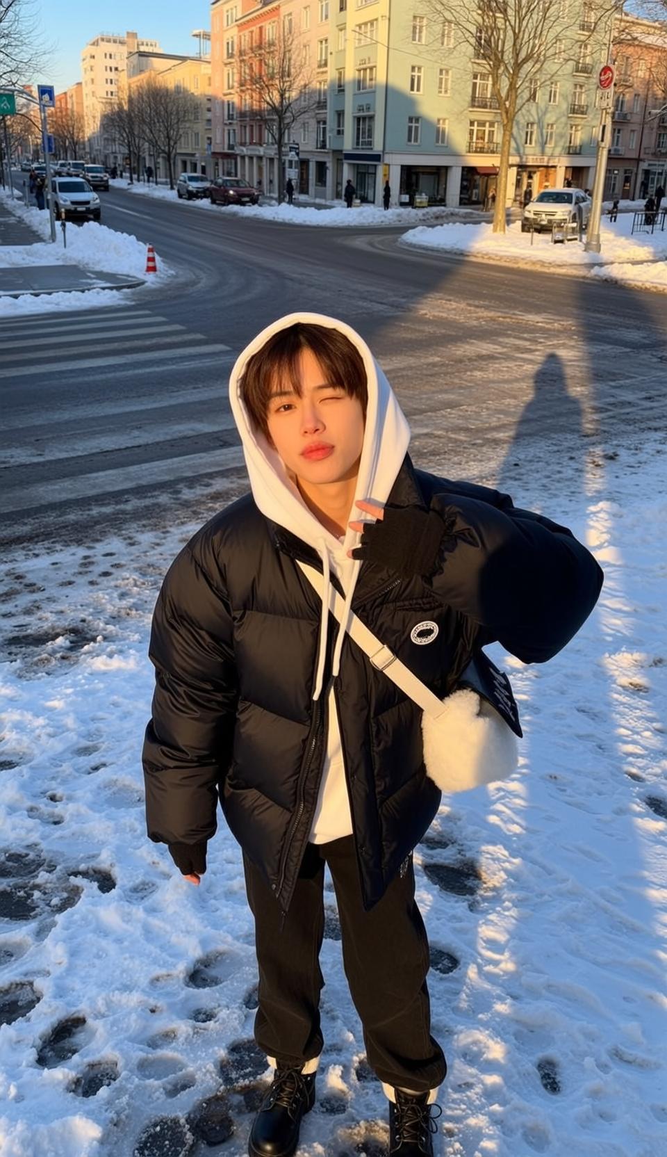 Explore Young Stands Snowy Urban Intersection Winking