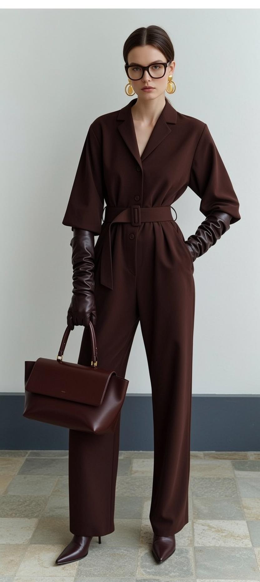 Chocolate Brown Jumpsuit Burgundy Handbag