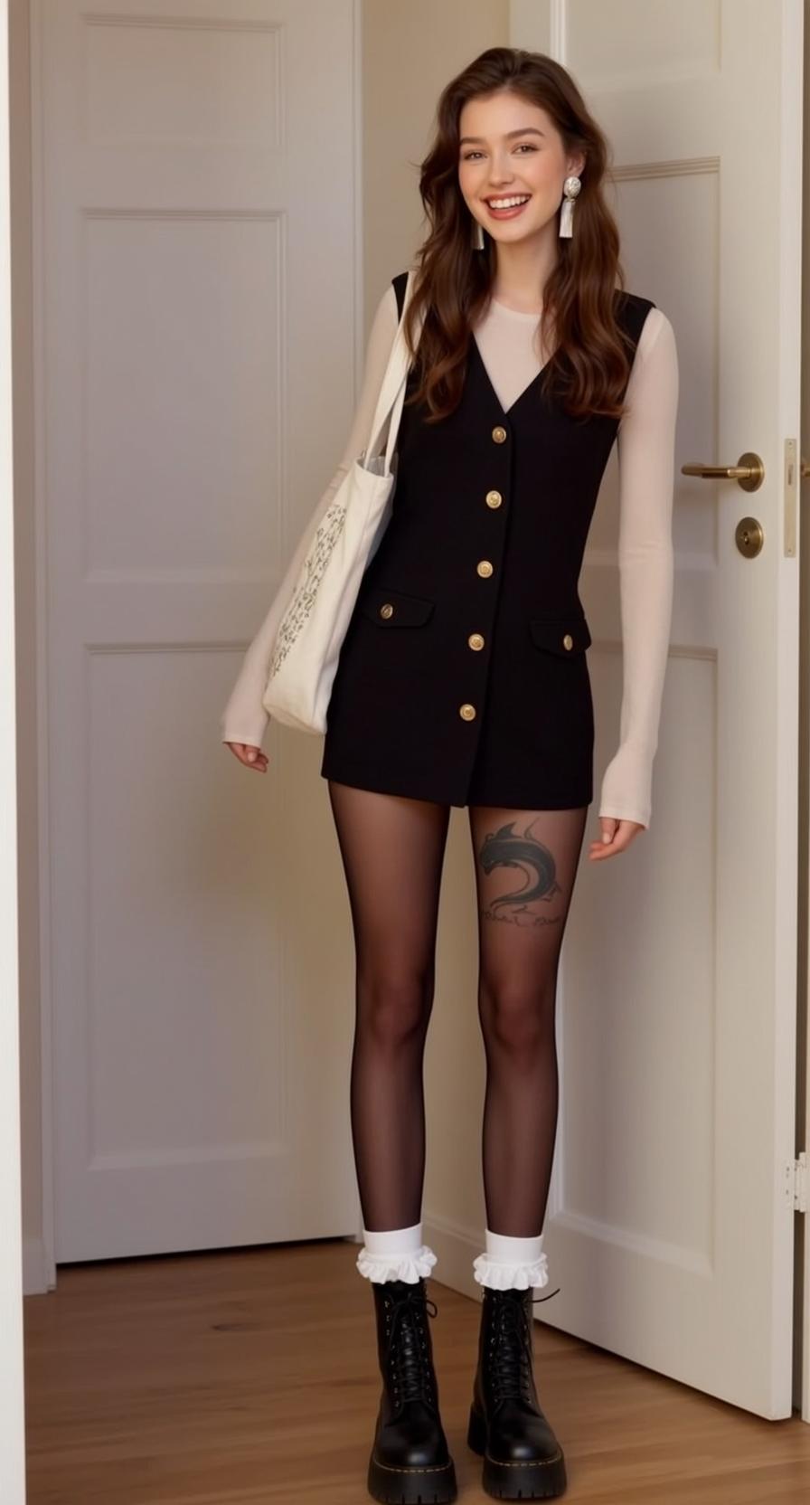 Cream Shirt Black Dress Combat Boots Doorway