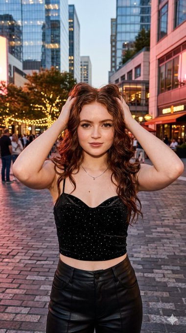 A woman in a black velvet sparkly crop top poses confidently in a modern urban plaza at dusk, warm city lights accentuate her features.