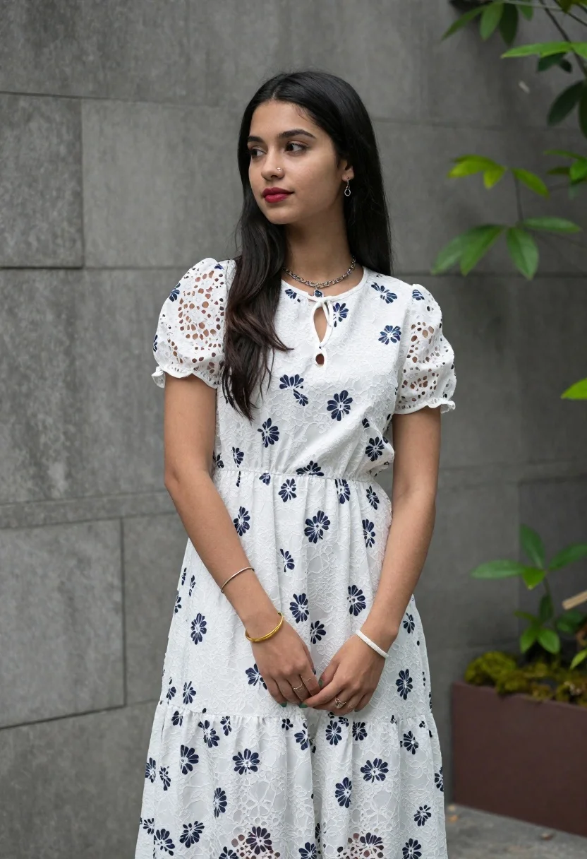 Young Woman With Long Dark Hair Stands Three-quarter Pose Looking reference photo
