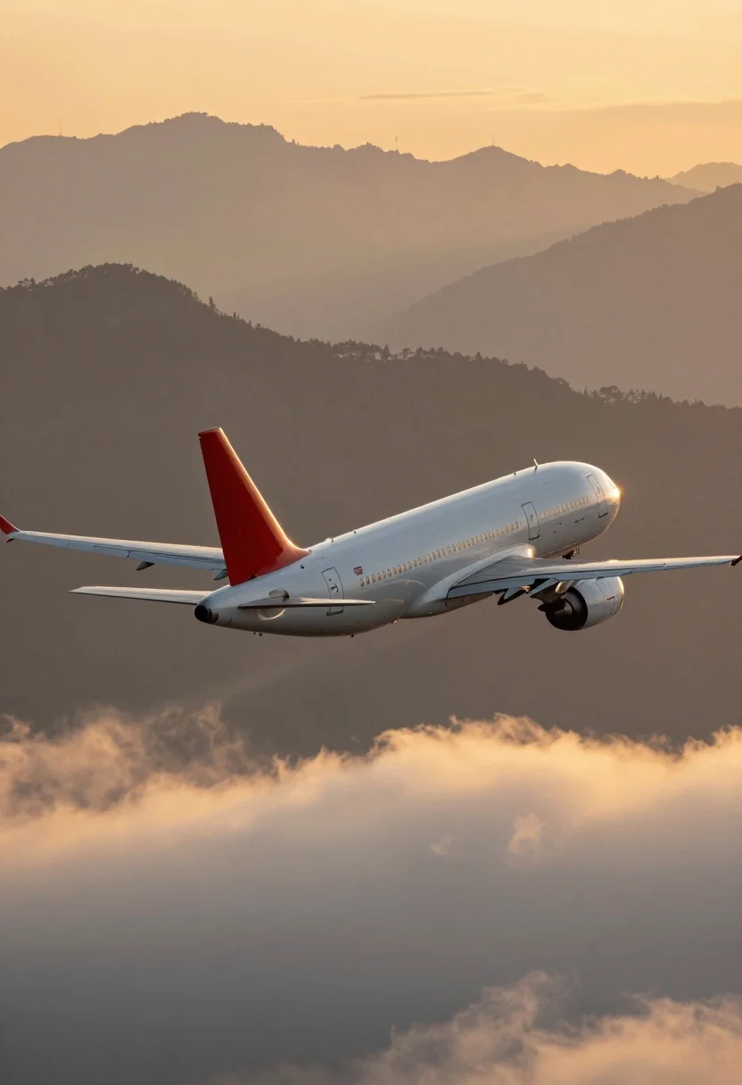 White Commercial Passenger Jet With Red Vertical Stabilizer Flies Away
