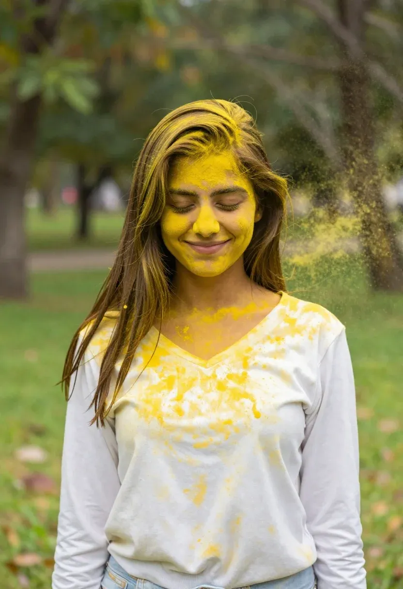 Joyful Young Woman With Long Brown Hair Stands Park Her