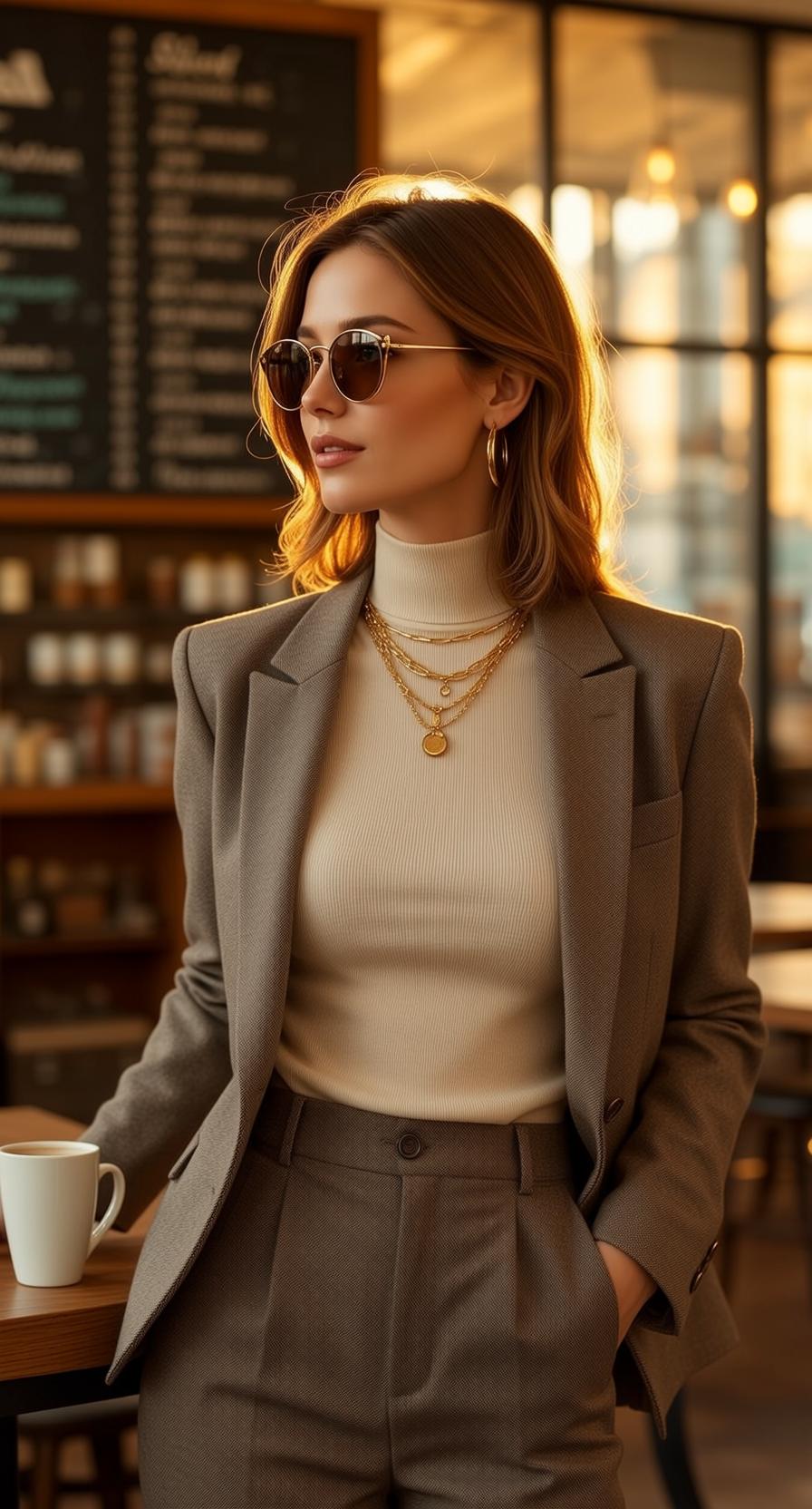 Brown Blazer Cream Turtleneck Cafe Interior Wooden Table White