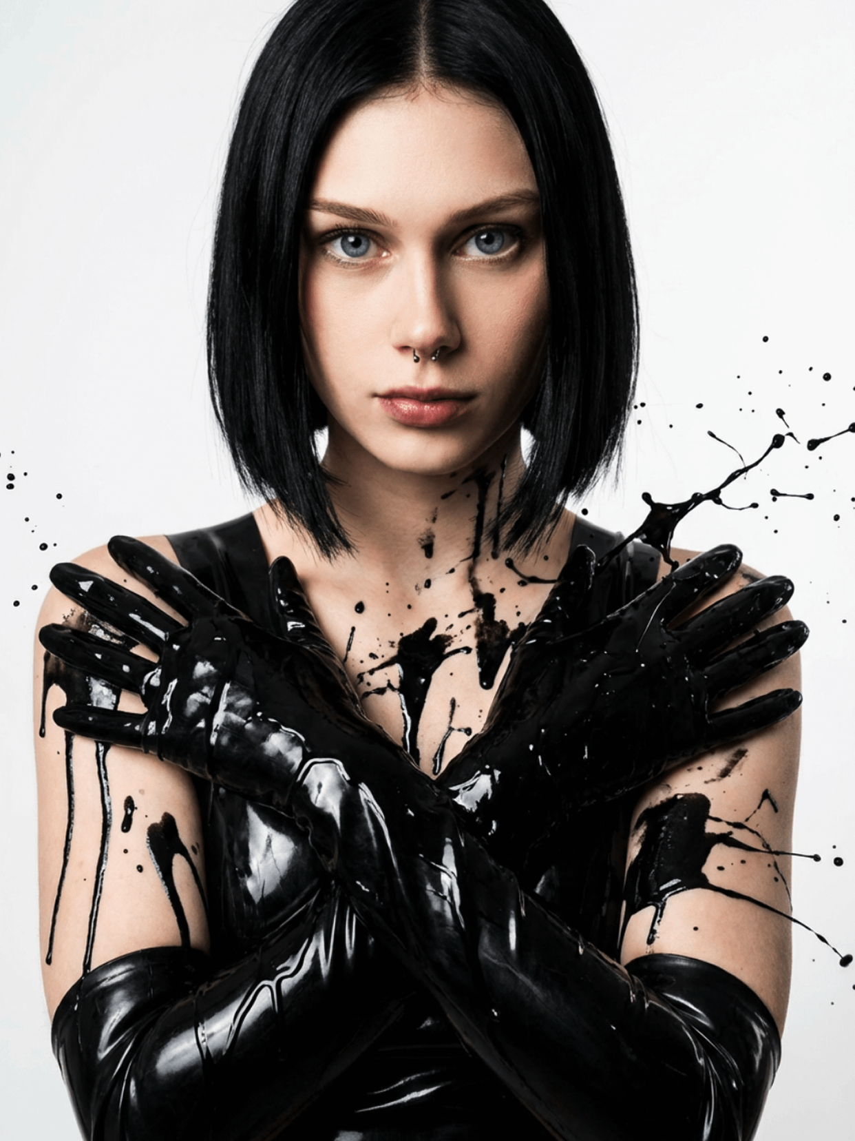 Portrait of an individual wearing a glossy black latex top and gloves, featuring black paint splatters against a soft white background.