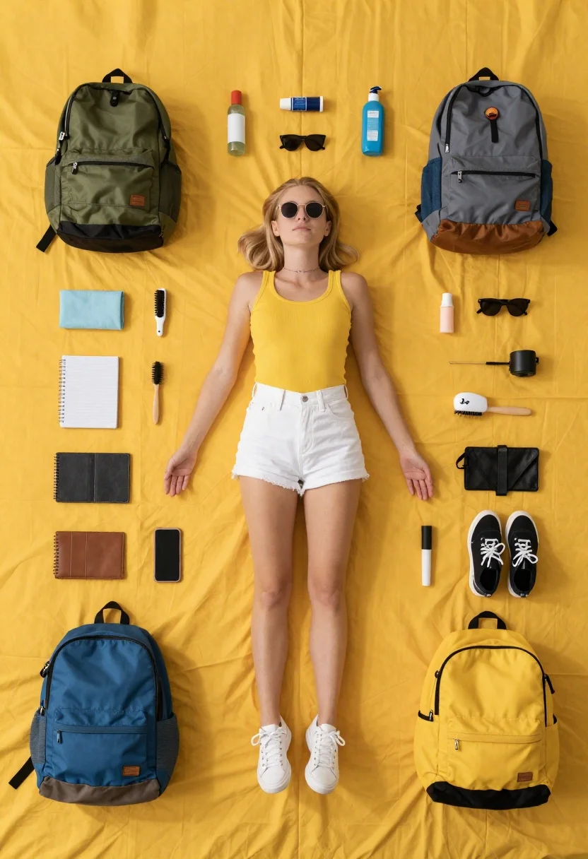 Flat Lay Portrait Blonde Woman Sunglasses Yellow Fabric Surrounded Travel reference photo