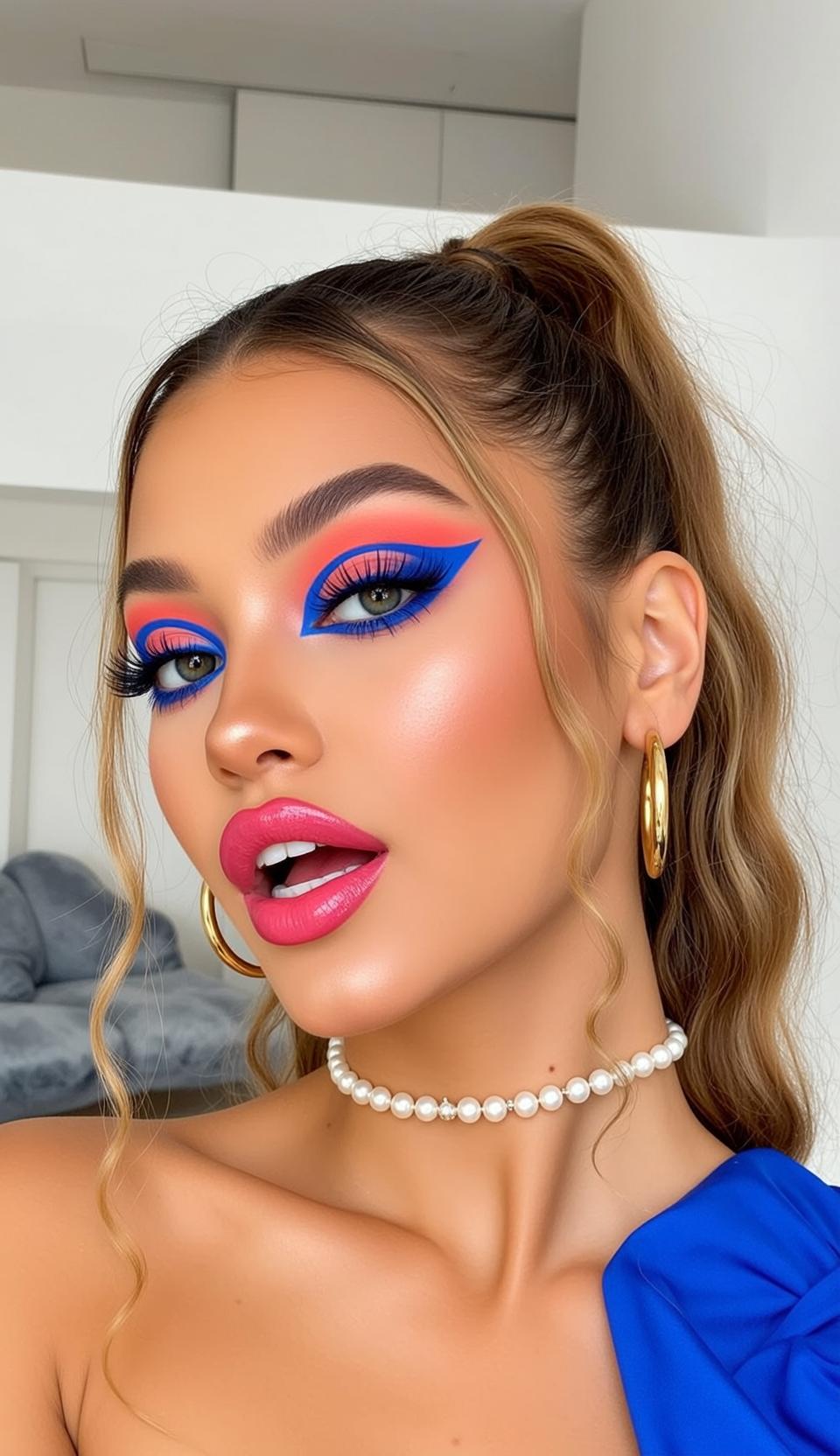 Photorealistic Portrait Young Woman With Striking Blue And Coral Graphic