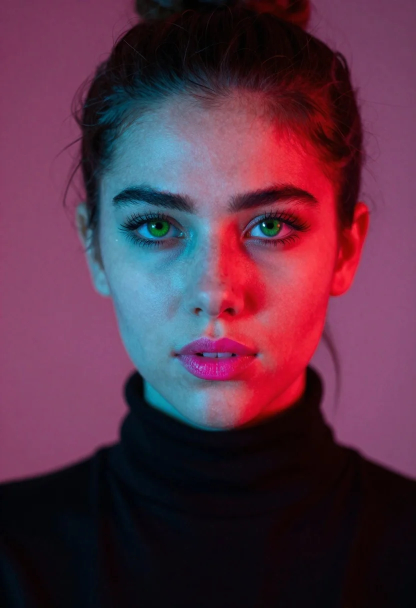 Portrait Young Woman With Striking Green Eyes And Dark Hair reference photo