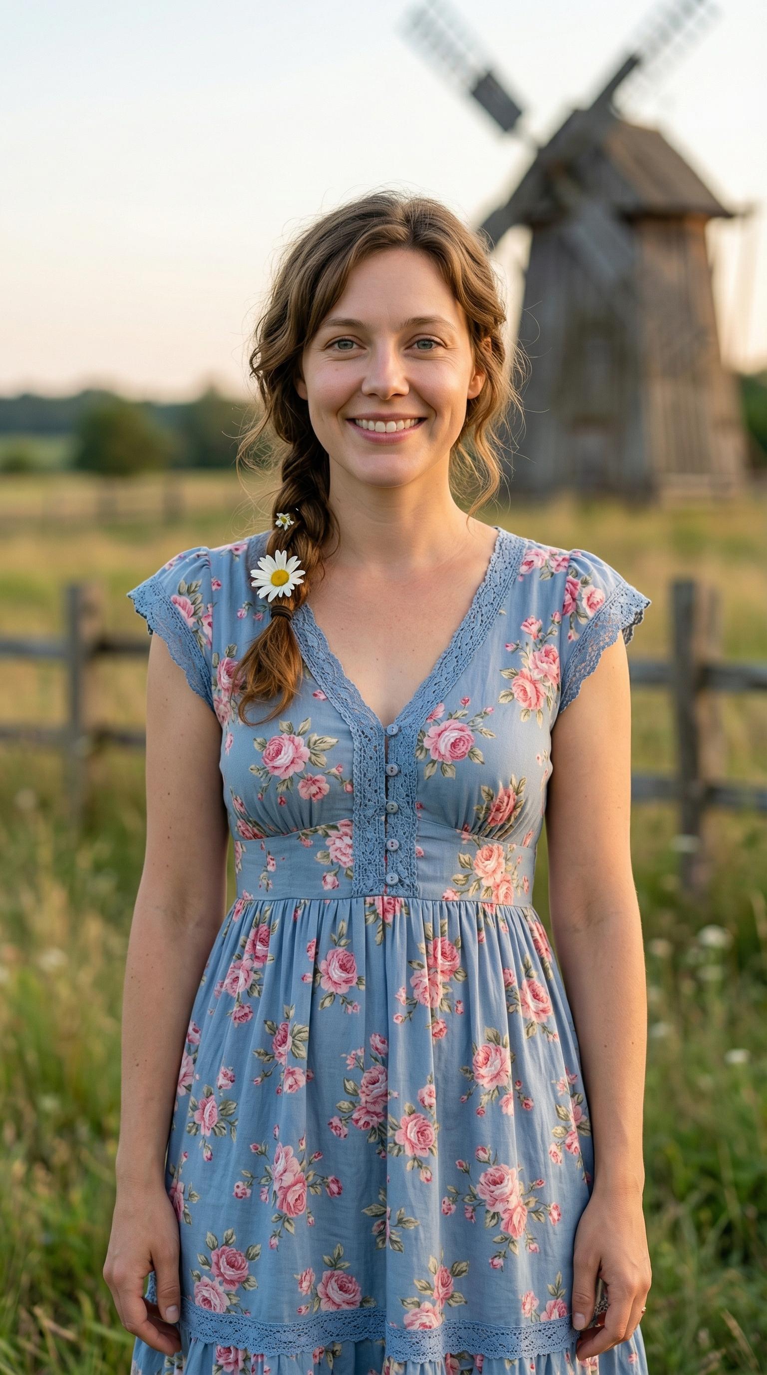 A woman in a short blue summer dress with pink floral print, standing in a rural field during golden hour light.