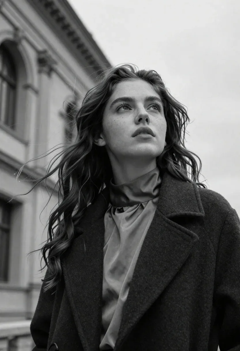 Striking Black And White Portrait Woman With Wind-swept Hair Looking