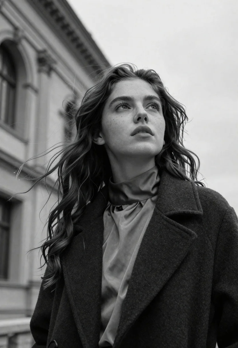 A black and white portrait of a woman with wind-swept hair looking upward against an architectural backdrop, illuminated softly from above.