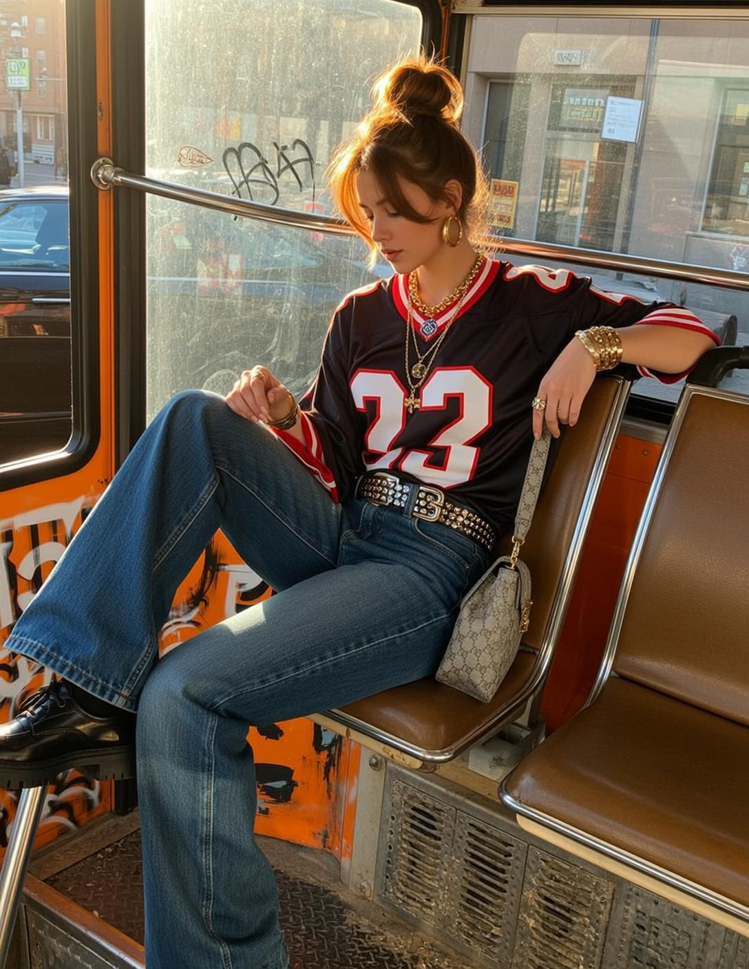 Girl In Bus With Sunlight Thoughtful Pose
