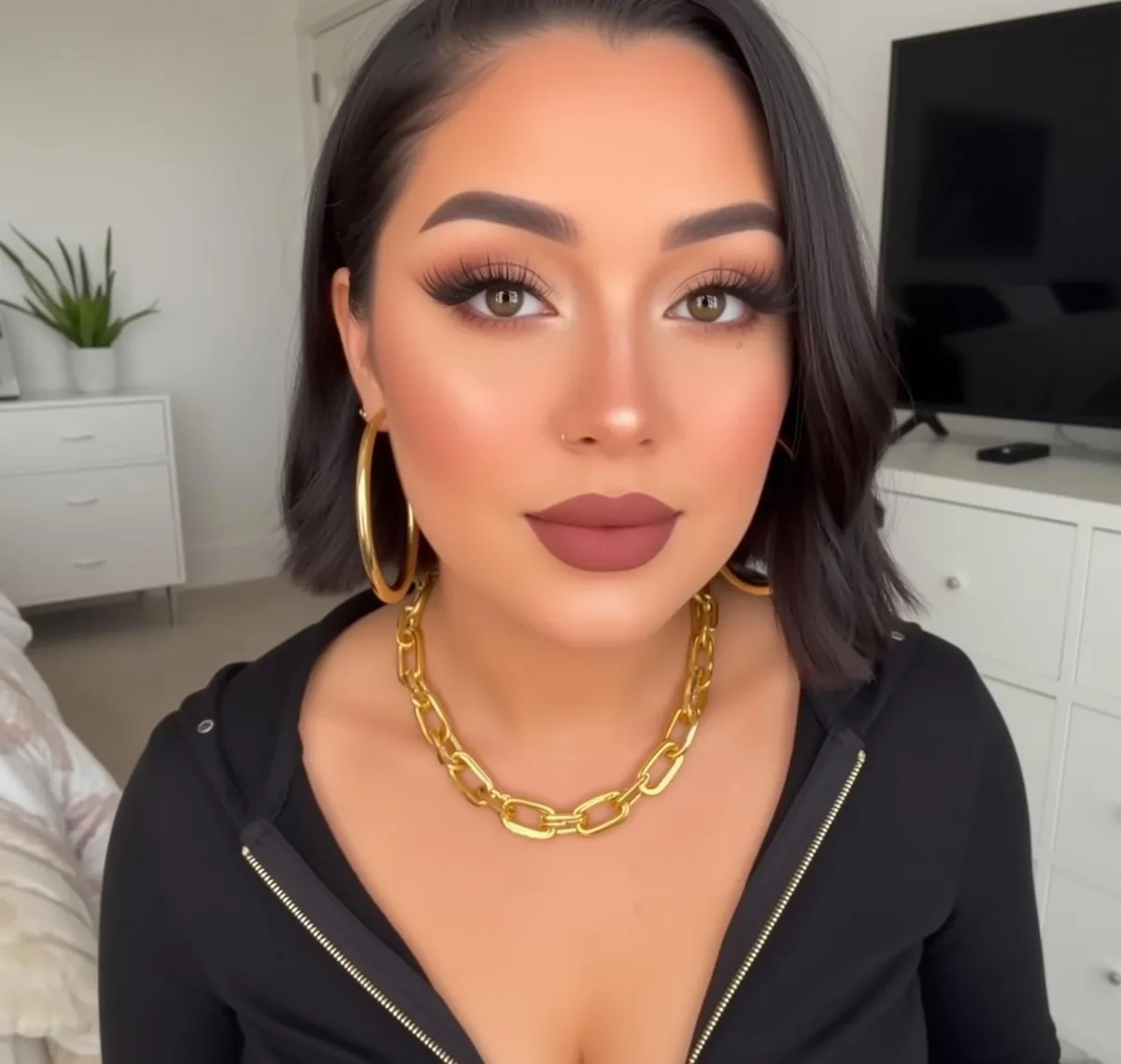 Piercings Makeup Earrings Necklace And Lash Extensions In Bedroom Portrait