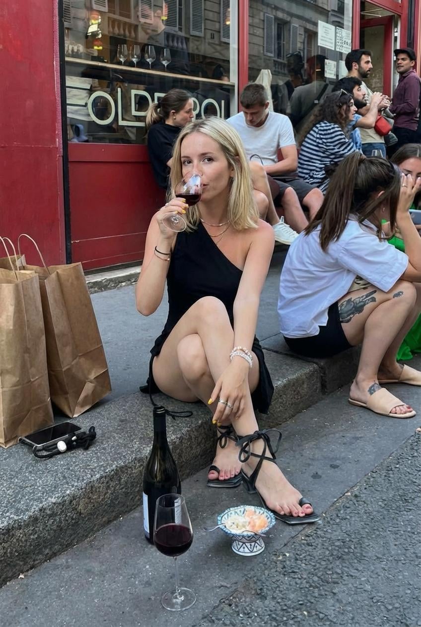 Black Dress Red Building Wine Glass Curb