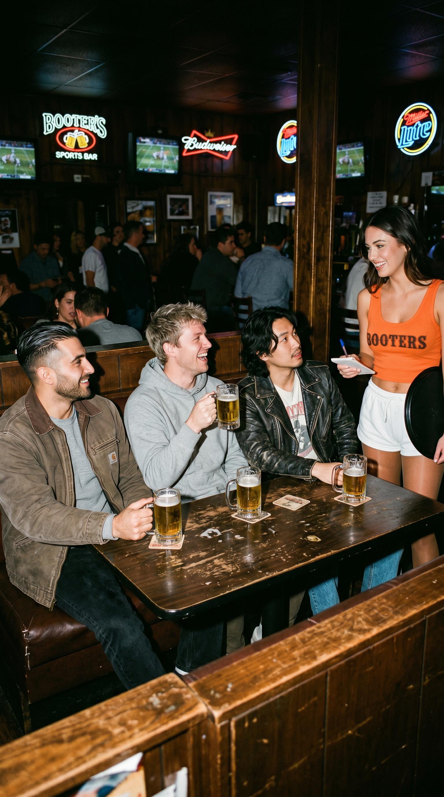 Men At Sports Bar With Beer And Server