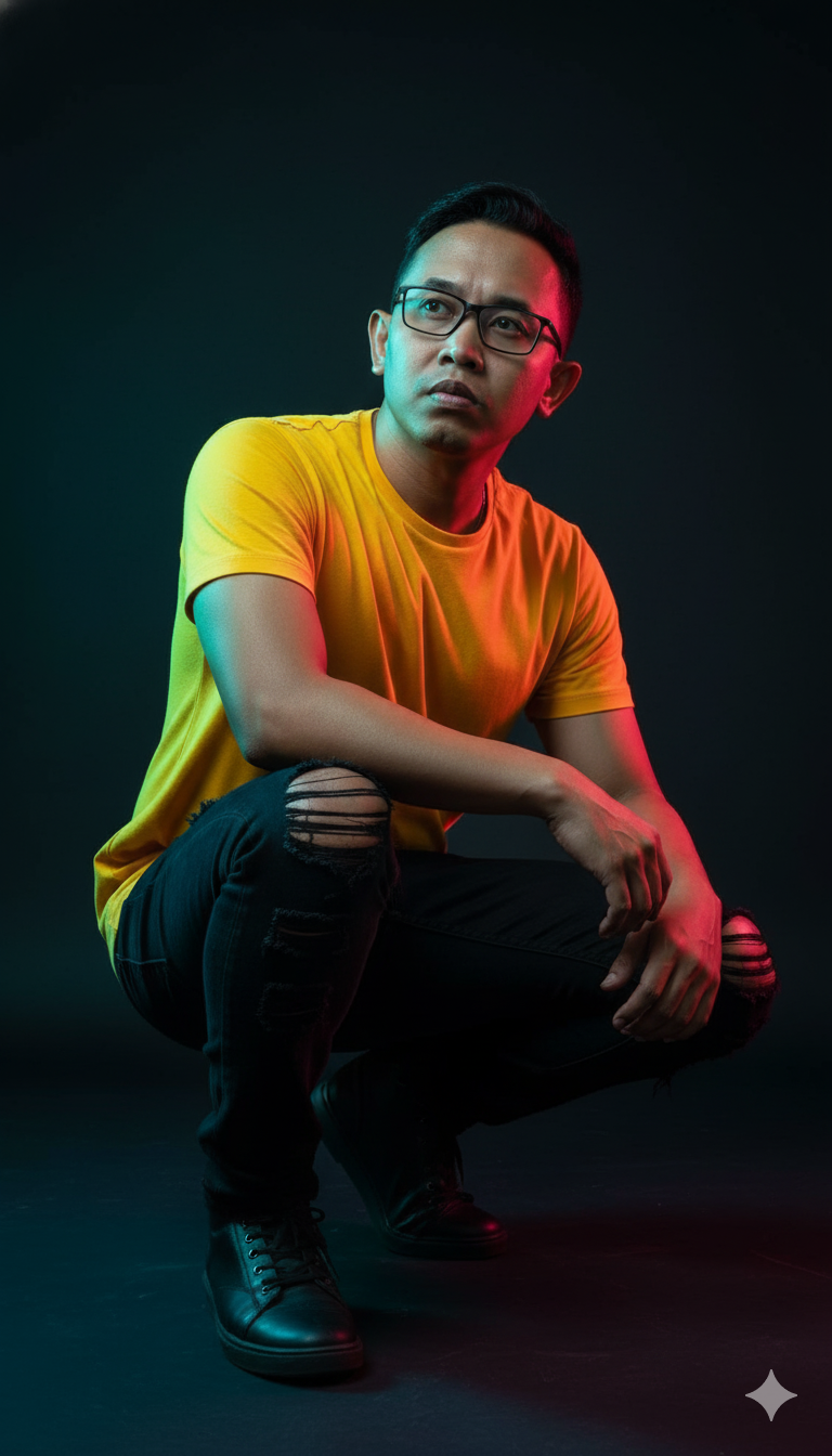 High-fashion studio portrait of a handsome young Indian man squatting in a vibrant yellow t-shirt and ripped black jeans with dramatic lighting.