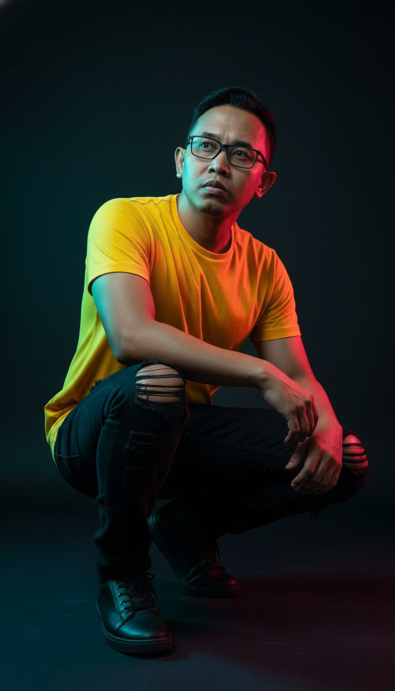 High-fashion studio portrait of a handsome young Indian man squatting in a vibrant yellow t-shirt and ripped black jeans with dramatic lighting.