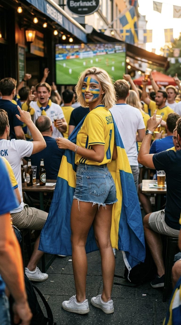 Sweden Fan In Yellow Jersey At Crowded Pub