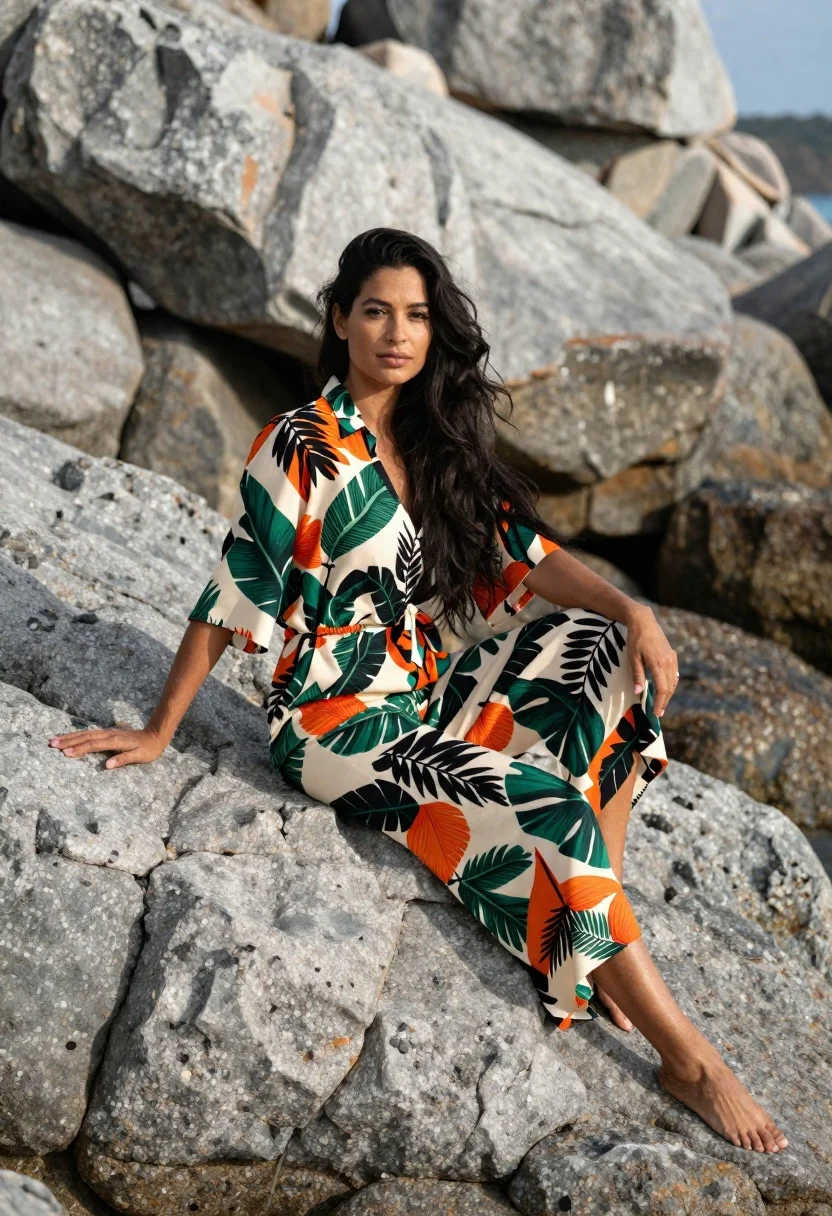 Woman With Long Dark Hair Sits Gracefully Large Grey Rocks reference photo