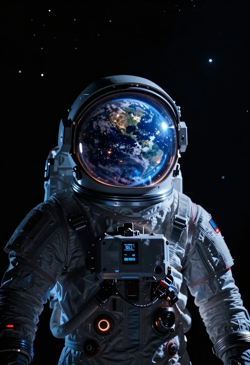 Cinematic Close-up Astronaut Futuristic Space Suit Floating Deep Black Void reference photo