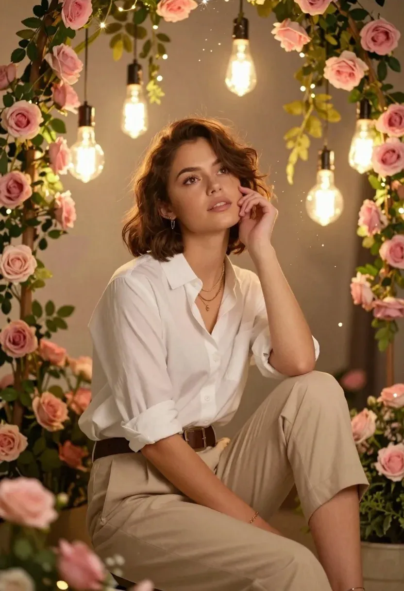 Young Woman With Short Brown Hair Sits Dreamy Floral Setting