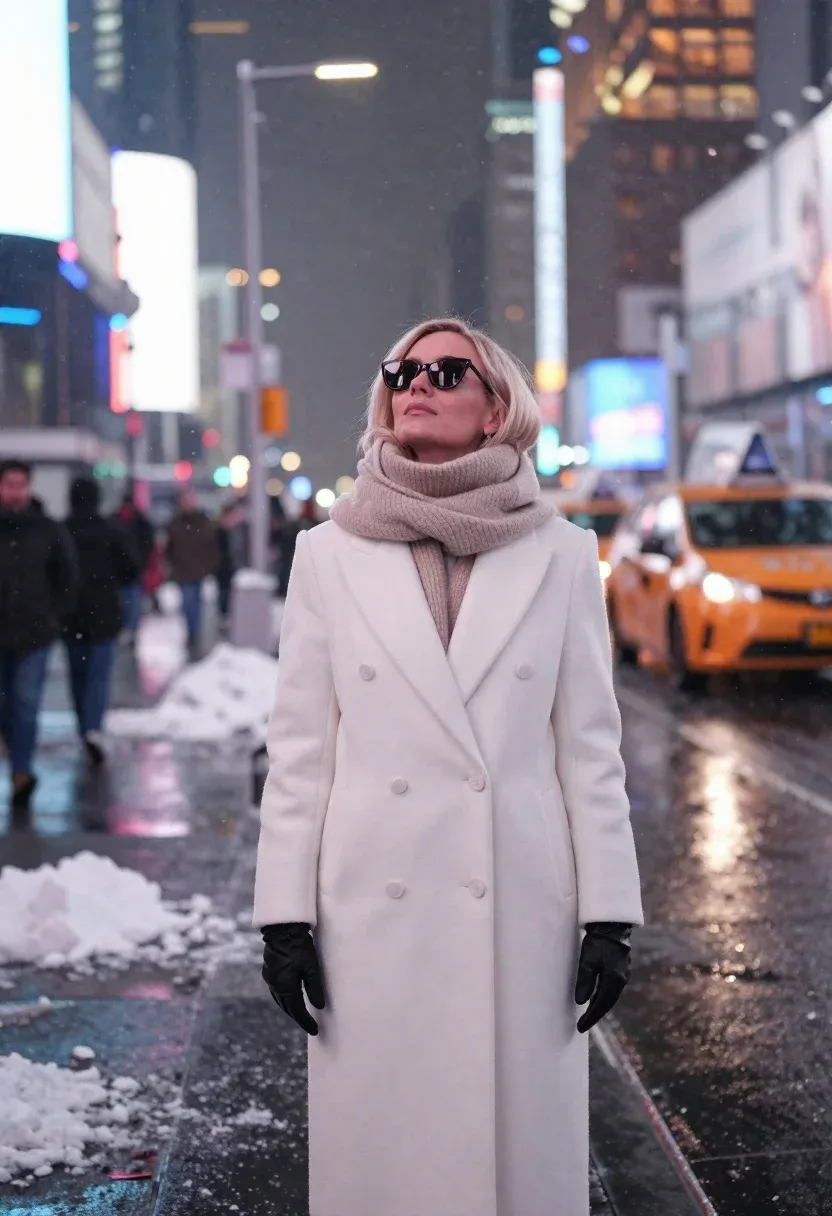 Woman Stands Bustling City Street During Snowstorm Looking Upward With