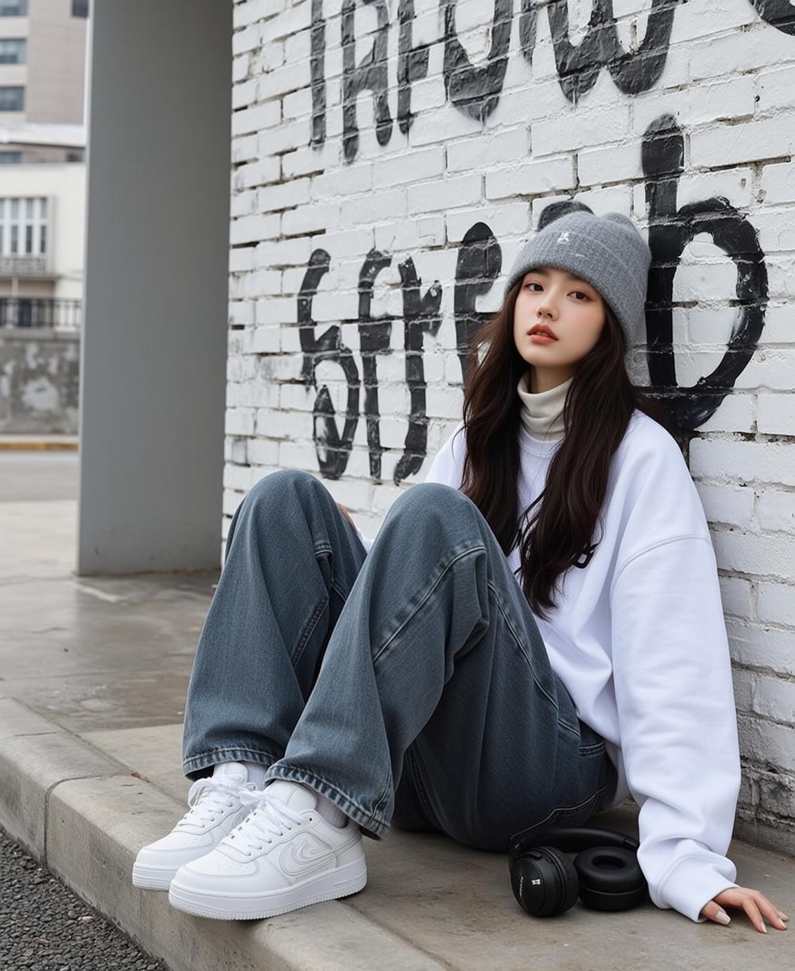 Acubi Sitting Concrete Curb Her Legs Extended
