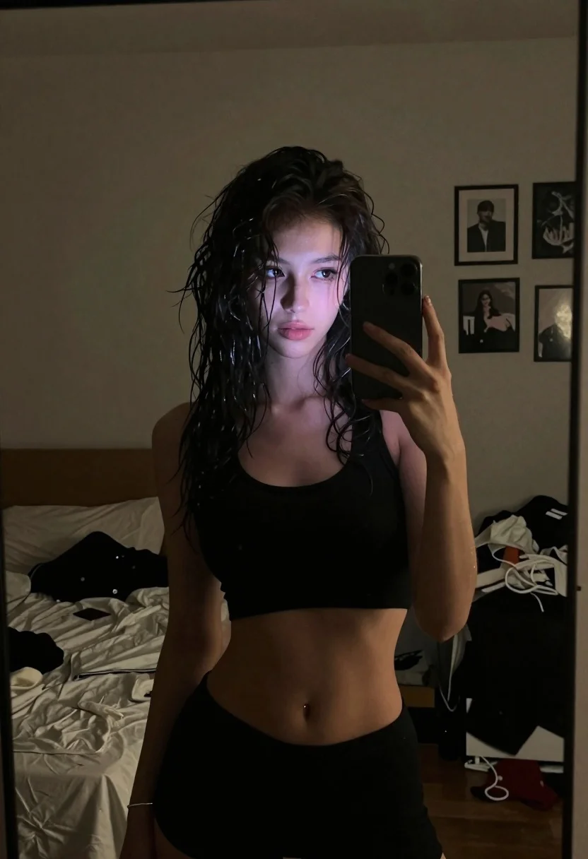 Mirror Selfie Shot Young Woman With Dark Wavy Hair Taking reference photo