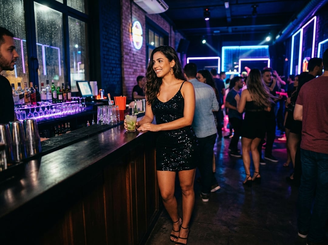 Sequined Mini Dress At Nightclub Bar With Neon Sign