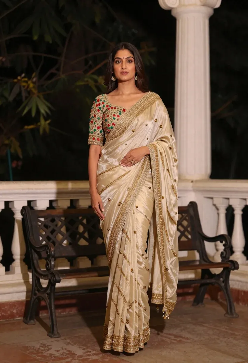 Woman Stands Three-quarter Profile Pose Against Elegant Architectural Backdrop Night