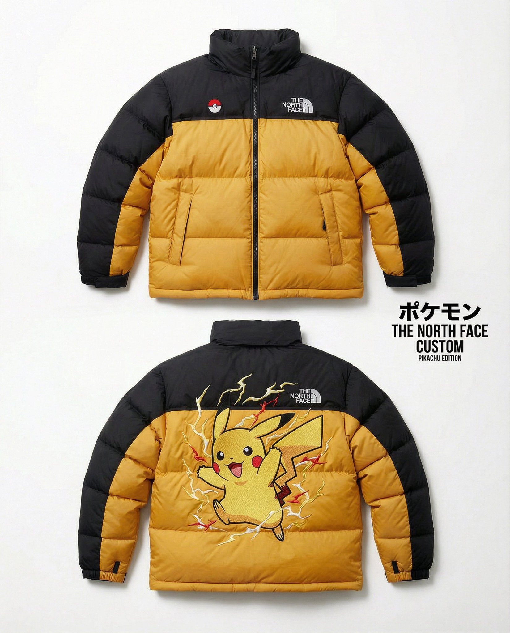 High-end editorial shot of a The North Face Nuptse 700 puffer jacket inspired by Pokémon, featuring elegant embroidery.