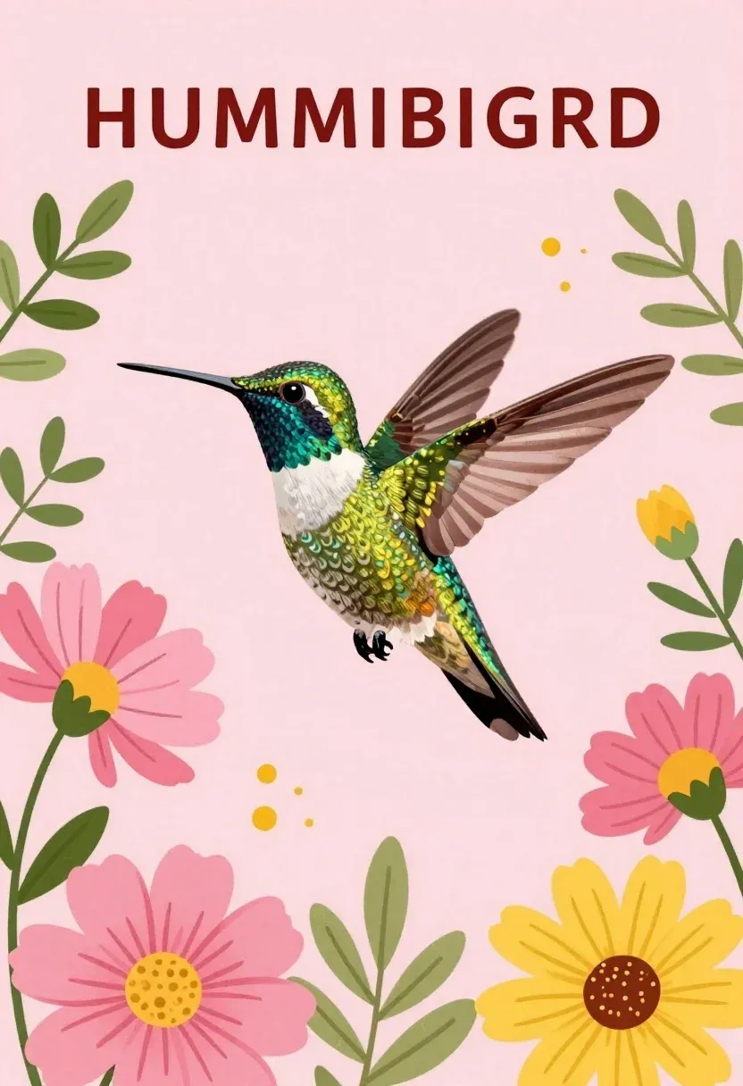Illustration Vibrant Hummingbird Mid-flight Surrounded Blooming Flowers And Botanical Elements