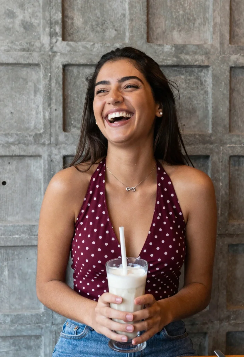 Young Woman With Long Dark Hair Laughing Joyfully While Seated reference photo