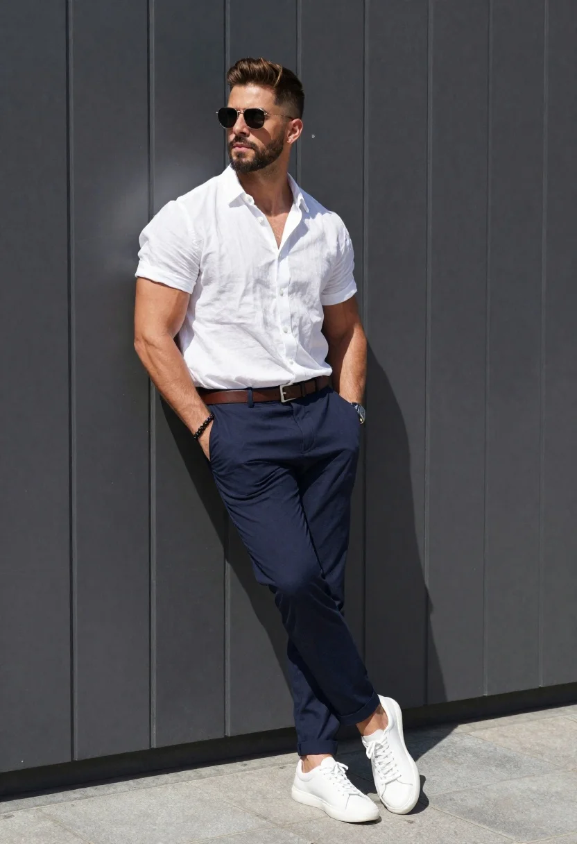 Stylish Man Leaning Casually Against Dark Gray Paneled Wall Bright reference photo