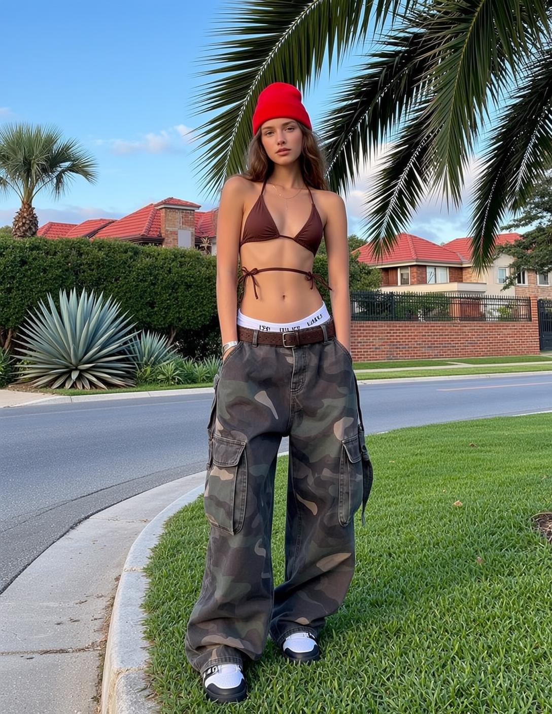 Suburban Street Woman Brown Bikini White Underwear Cargo Pants