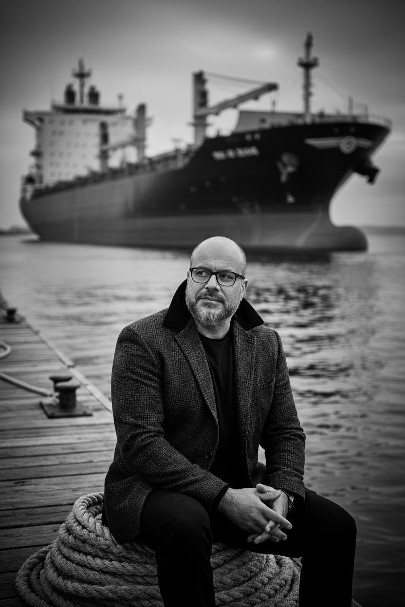 A man in a checkered jacket sitting on a rope at a dock, gazing thoughtfully into the distance, with a boat in the background.