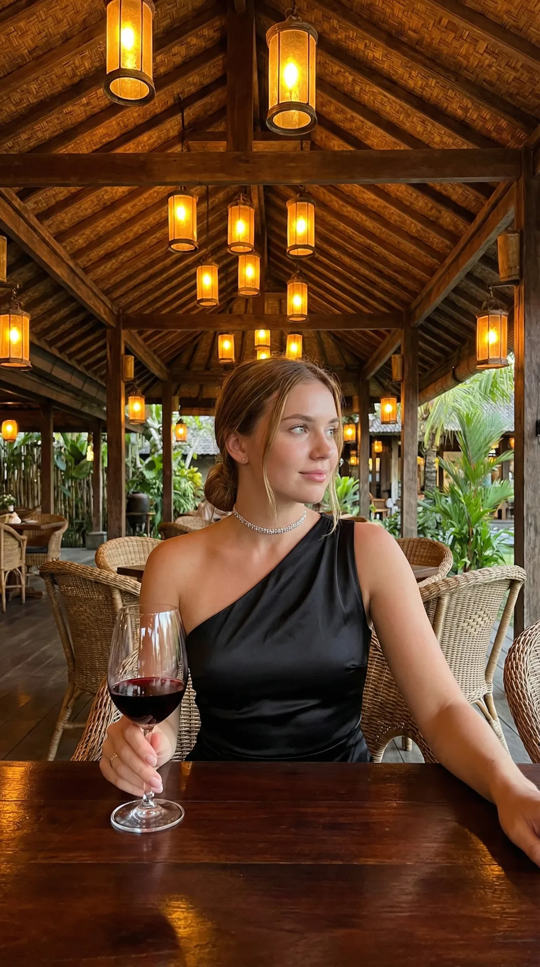 Black Satin Dress Red Wine Restaurant Patio Amber Lanterns