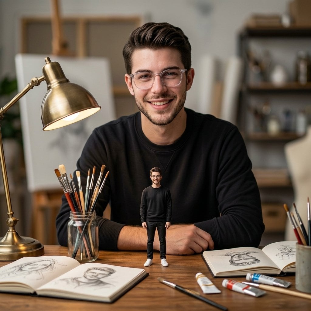 A man at a wooden desk in an art studio, smiling with a miniature version of himself in front, surrounded by art tools in warm lighting.