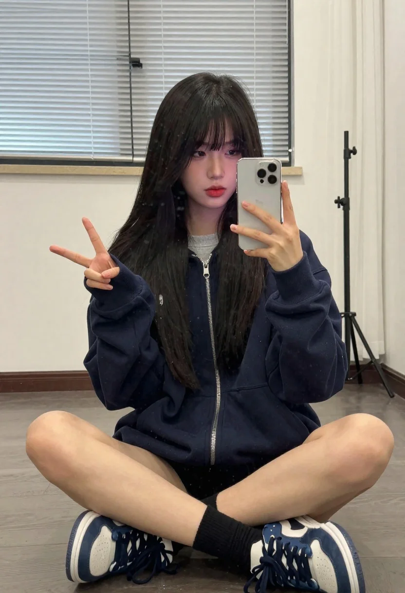 Young Woman With Long Dark Hair And Bangs Sits Cross-legged reference photo