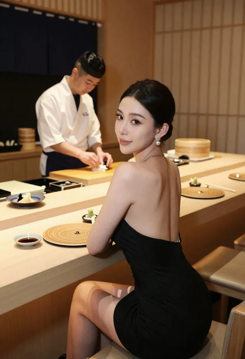 Woman Sits Sushi Bar Counter Looking Back Over Her Shoulder