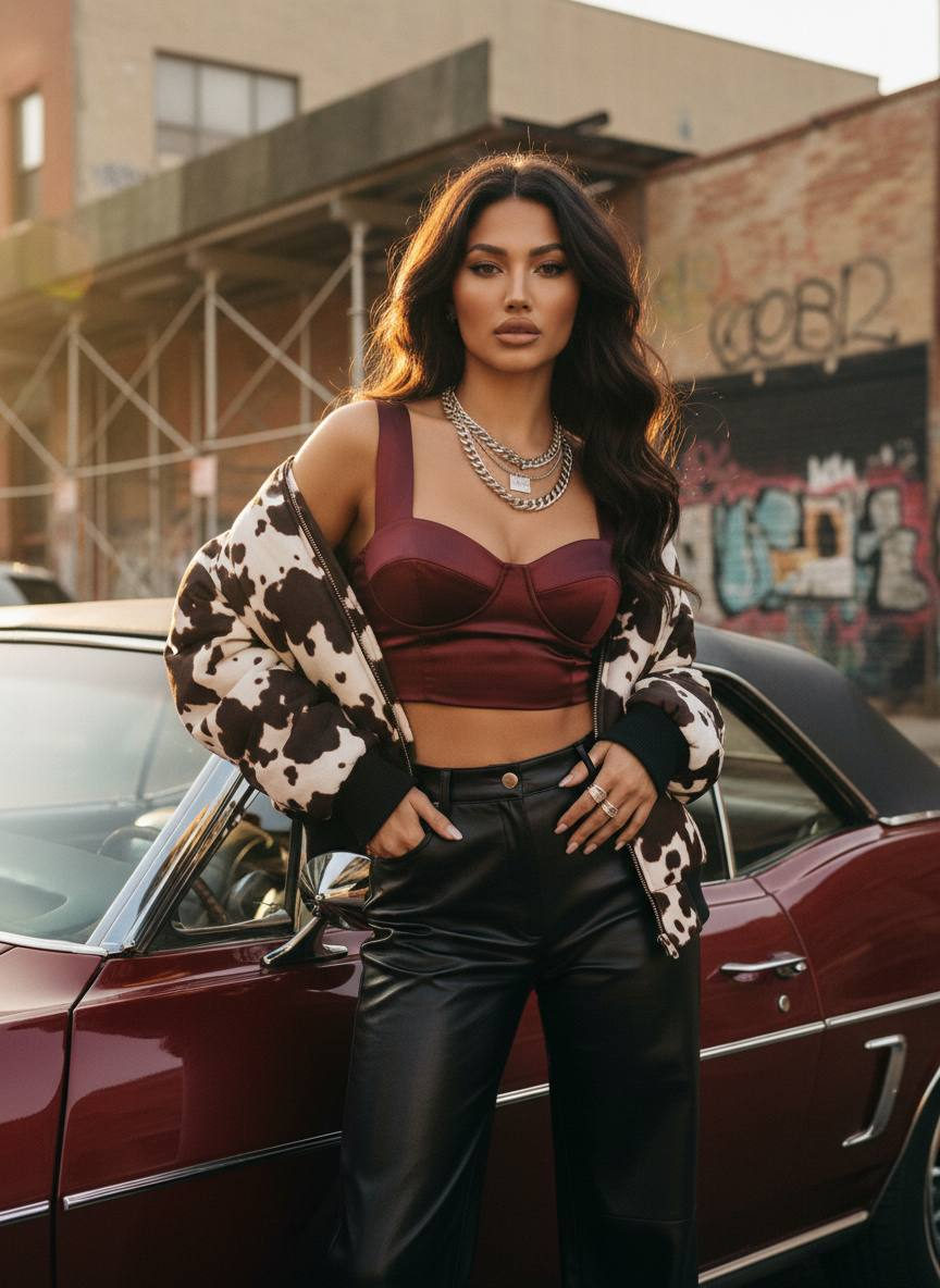 A woman with voluminous waves stands beside a vintage car in an urban setting, wearing a cropped burgundy satin top and cow-print bomber jacket, exuding dominance.