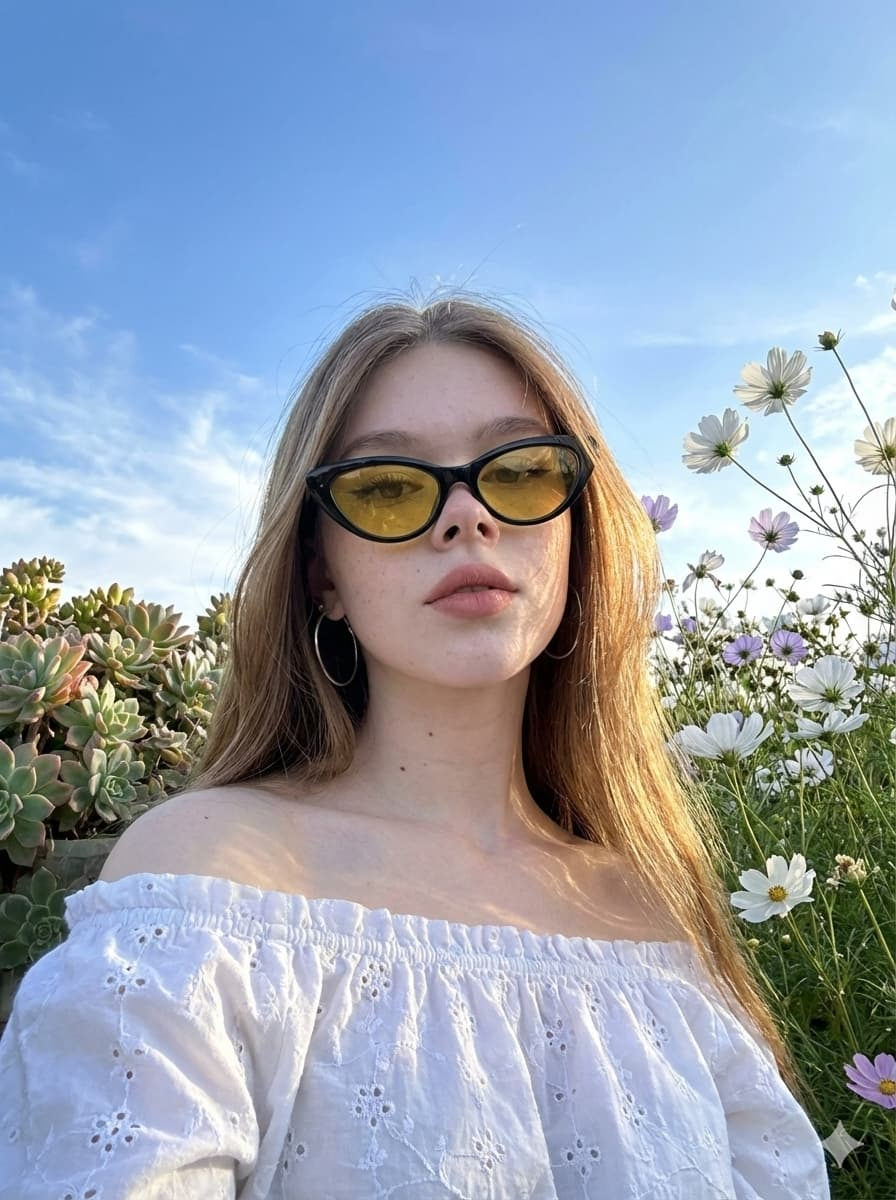 A close-up outdoor selfie of a woman in retro cat-eye sunglasses and floral blouse, in a vibrant garden with blue sky.