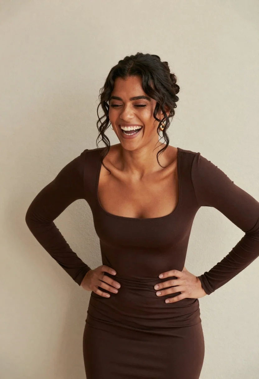 Laughing Woman With Dark Wavy Hair Pulled Back Stands Against reference photo