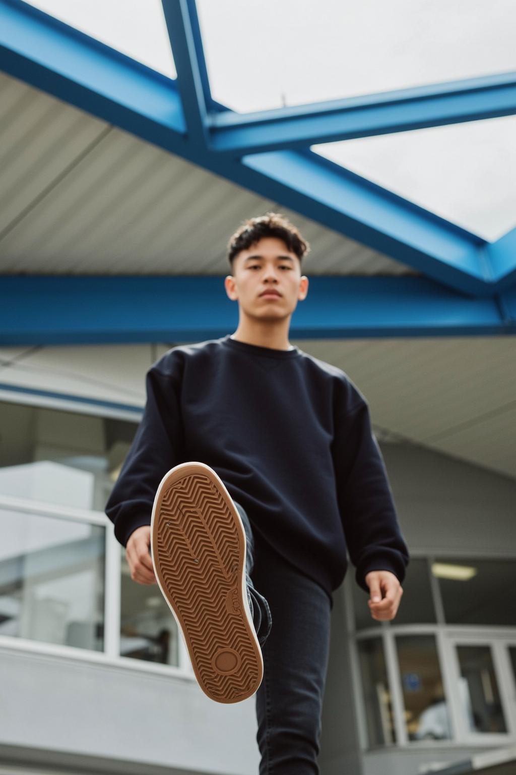 Navy Sweatshirt Raised Sneaker Pose