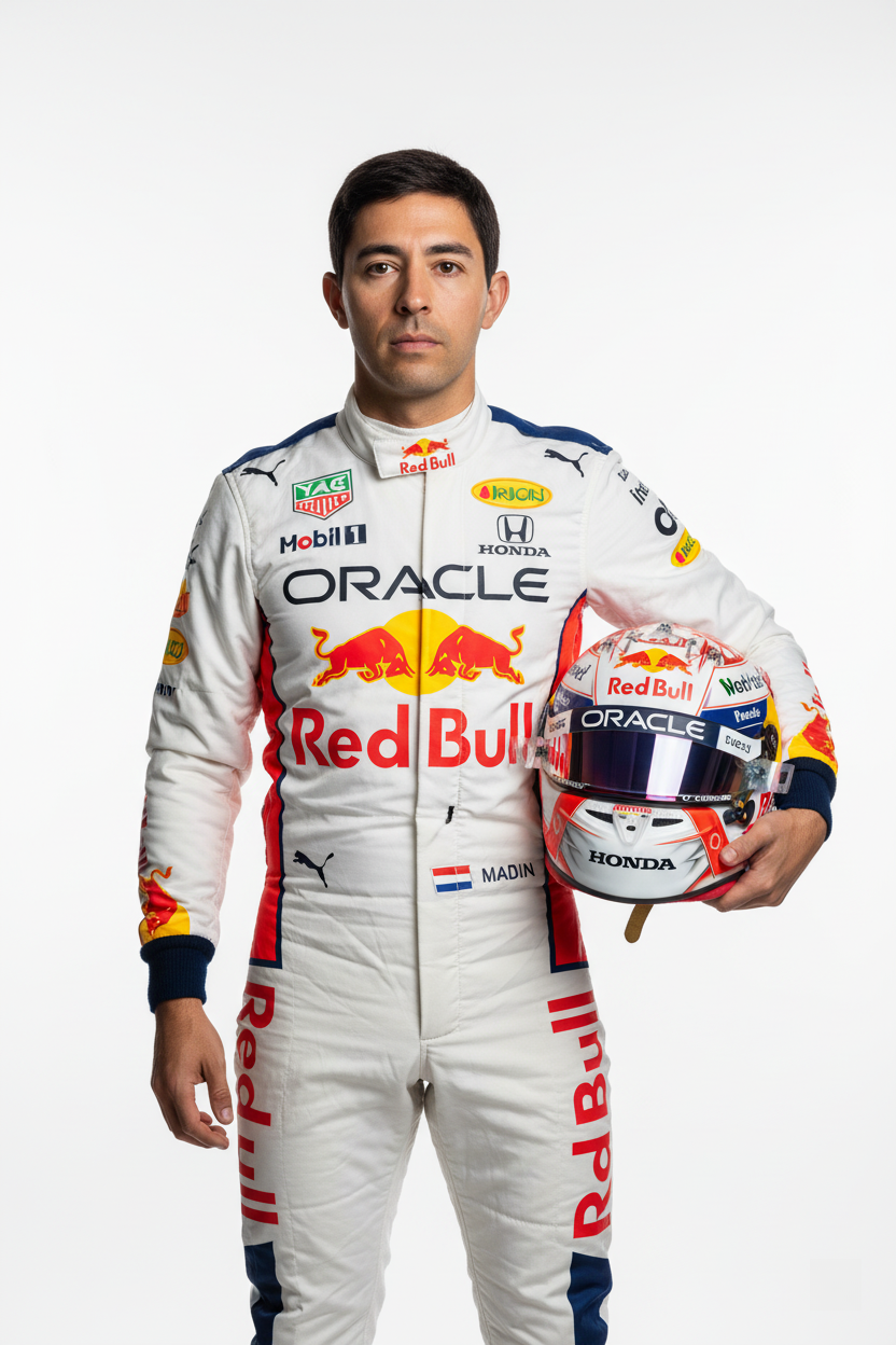 A professional F1 pilot in a white suit with Red Bull branding, holding a red, blue, and white helmet with a mirrored visor, posed seriously.